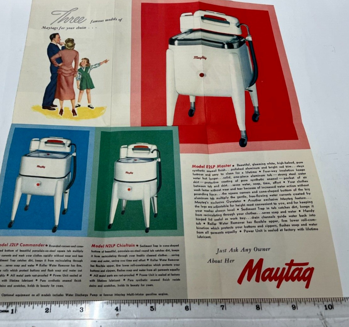 Vintage Maytag Washer Brochure Pamphlet Poster J2LP Commander, N2LP Chieftain