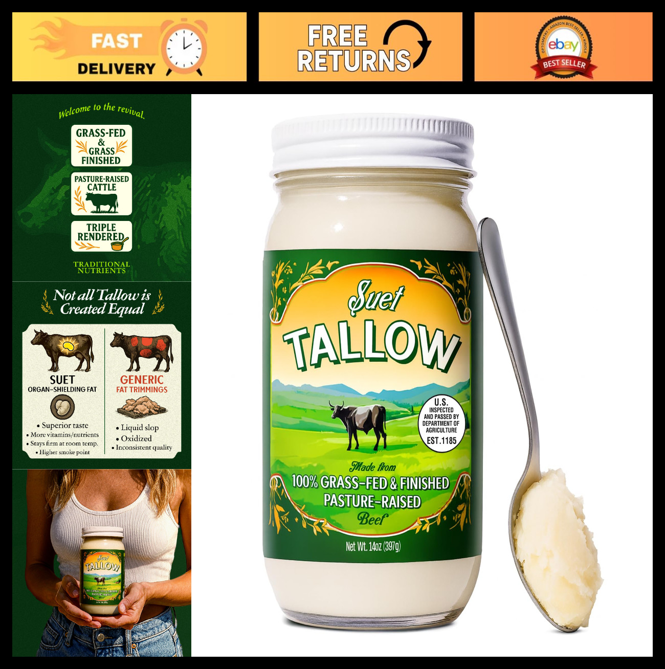 Grass-Fed Beef Tallow, Pasture Raised, Nutrient-Rich Suet, 14oz Glass Jar