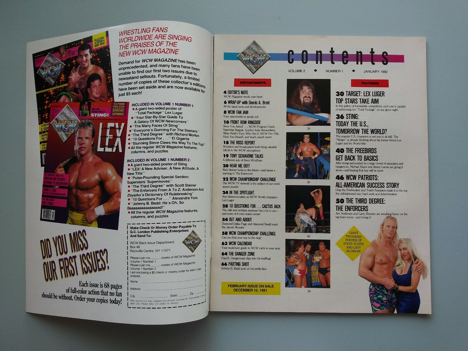 WCW Wrestling Magazine January 1992 Sting Cover Steve Austin Poster New WWF WWE