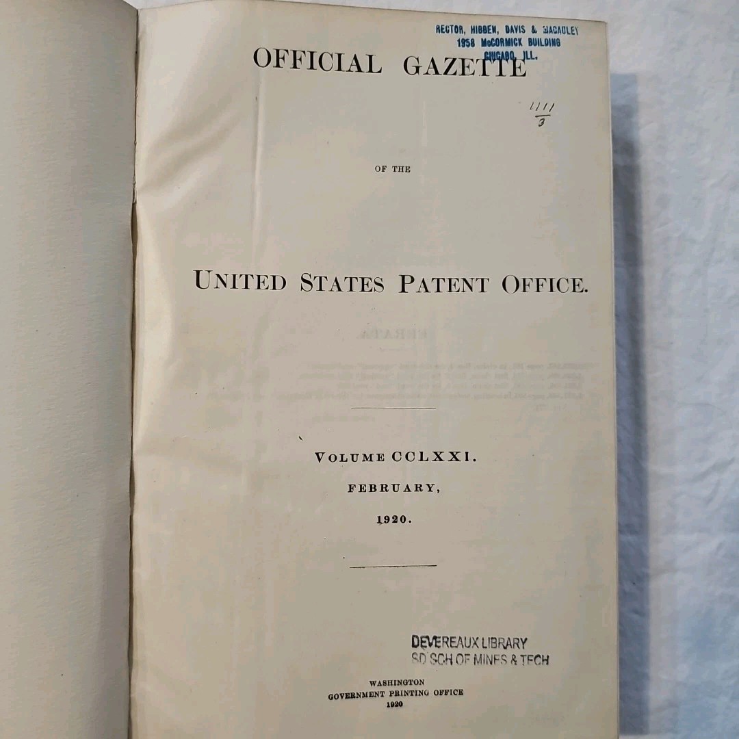 Antique Official Gazette of the United States Patent Office February 1920 Vo 271