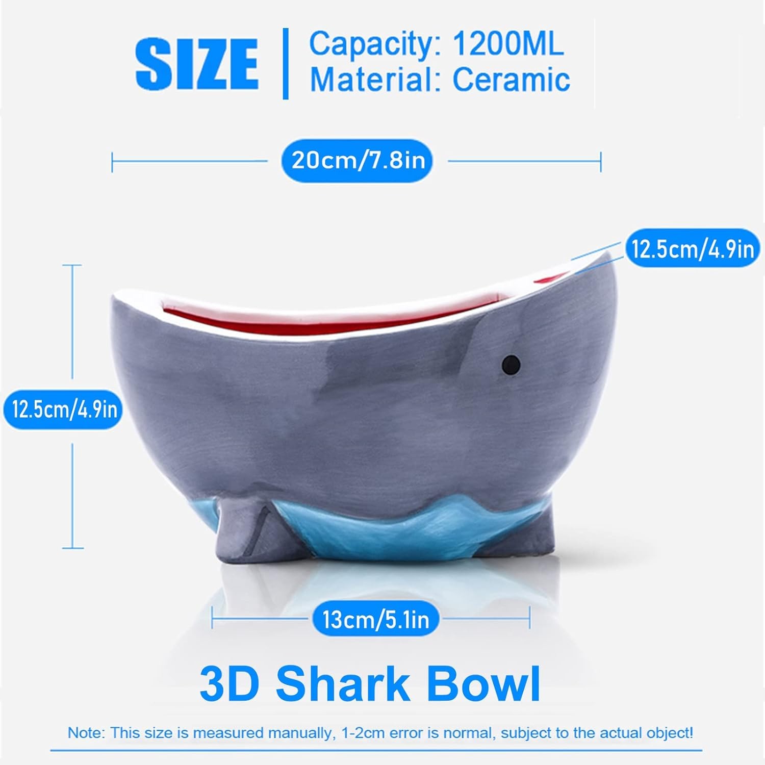 40 oz Shark Attack Bowl Cute Candy Popcorn Serving 1200mL, Blue Grey