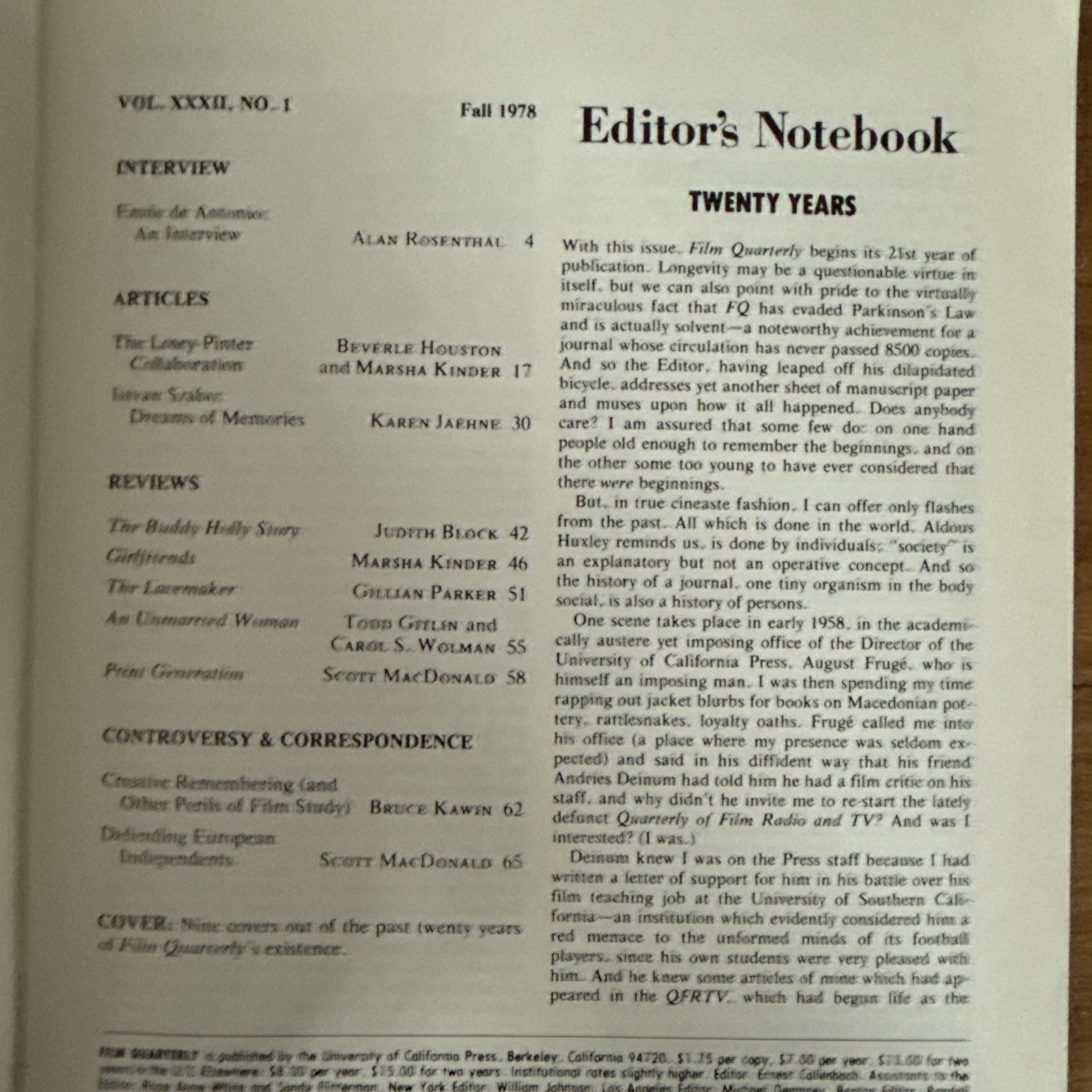 Film Quarterly 20th Anniversary Issue 1978