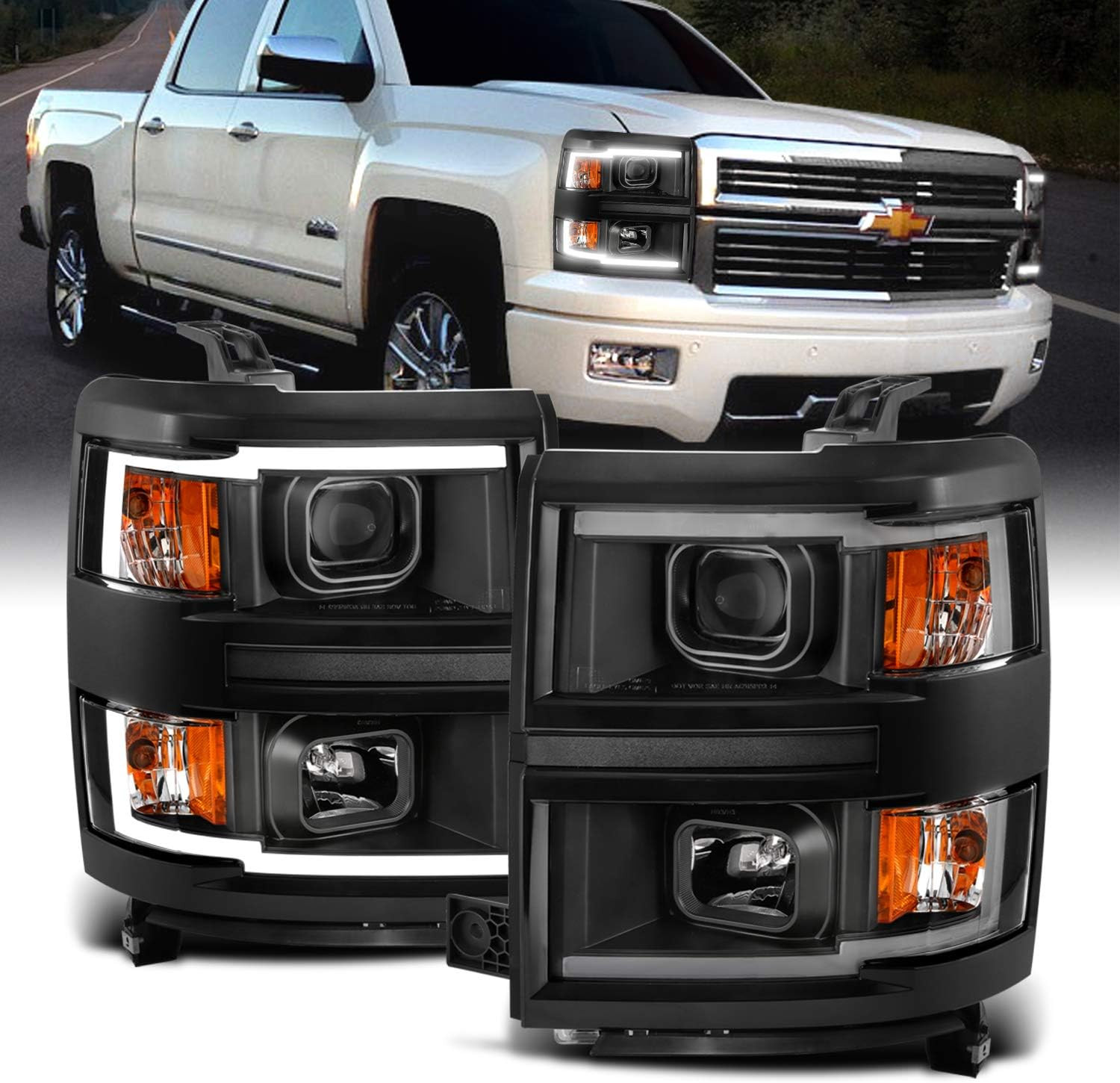 for 2014-2015 Silverado 1500 Pickup Square Projector Dual LED Tube Black Replace