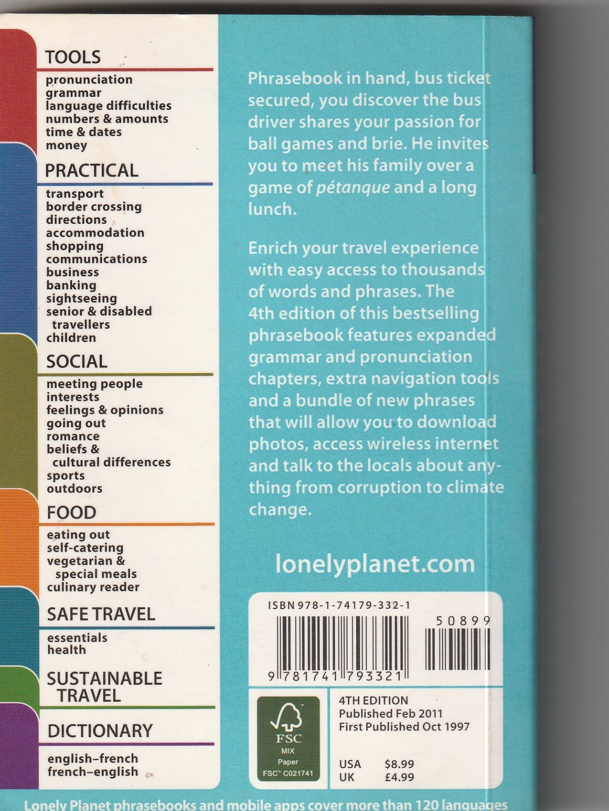 Lonely Planet French Phrasebook & Dictionary 4th Ed 2011 Palm Sized 140mm x 95mm