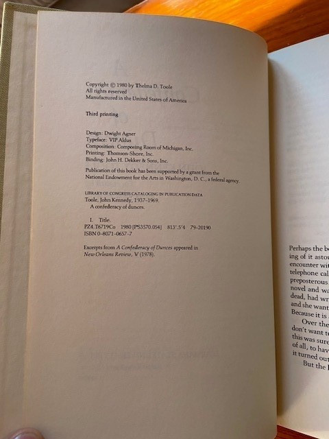 CONFEDERACY OF DUNCES John Kennedy Toole 1st Edition, Third (3rd )Printing,No dj
