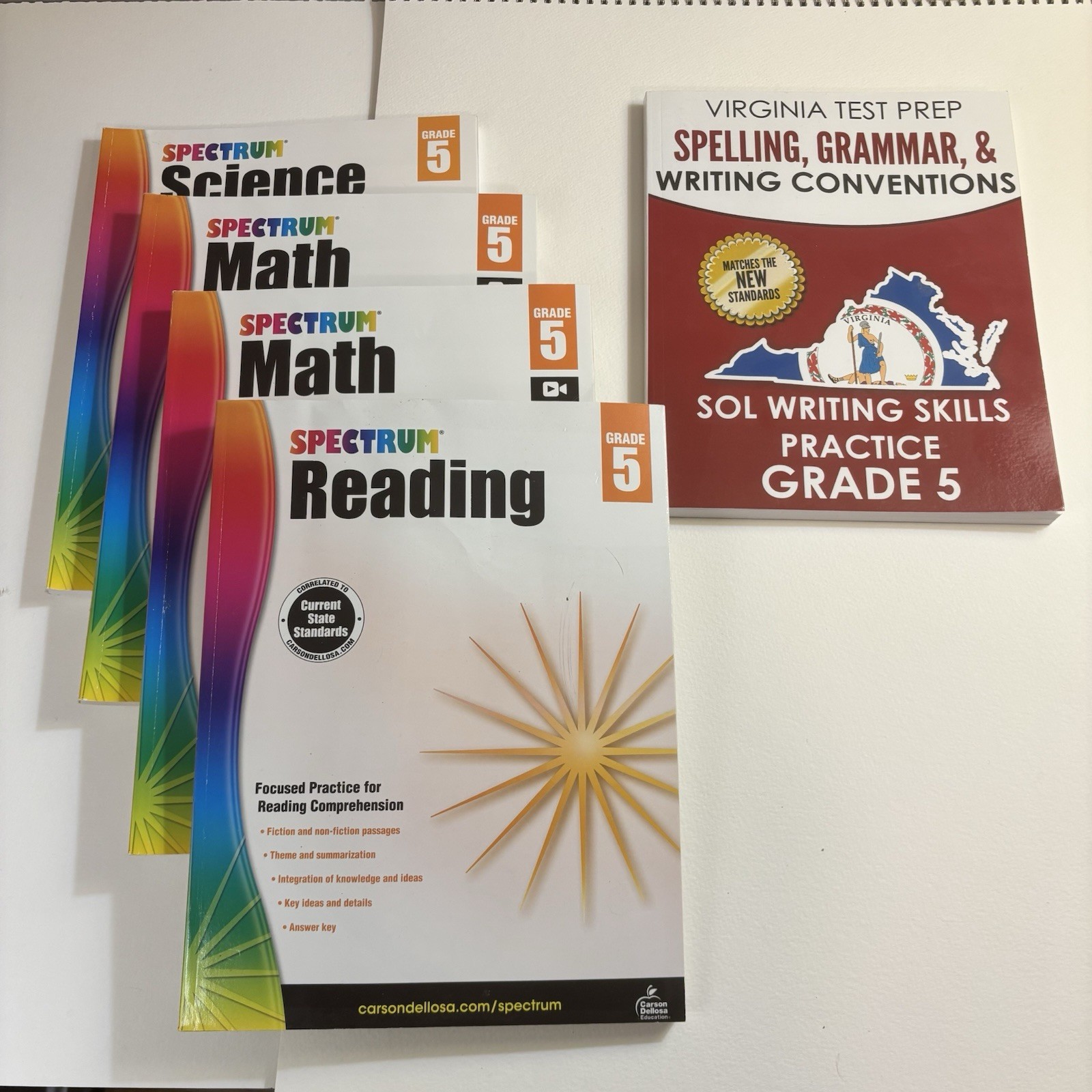 Lot of 5 Grade 5 Workbooks Spectrum Math Science Reading Virginia Test Prep SOL