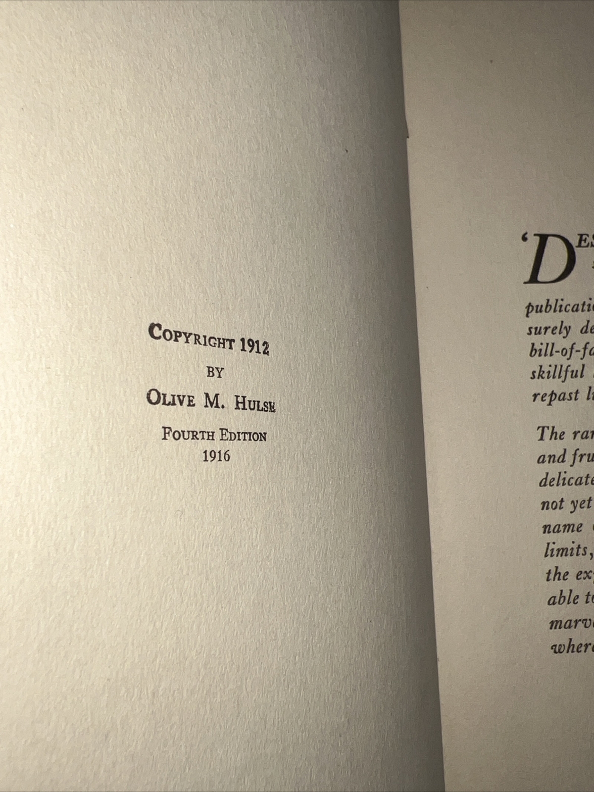DESSERTS Olive M Hulse- 4th Edition- 1916 Victorian Cookbook Chicago USA