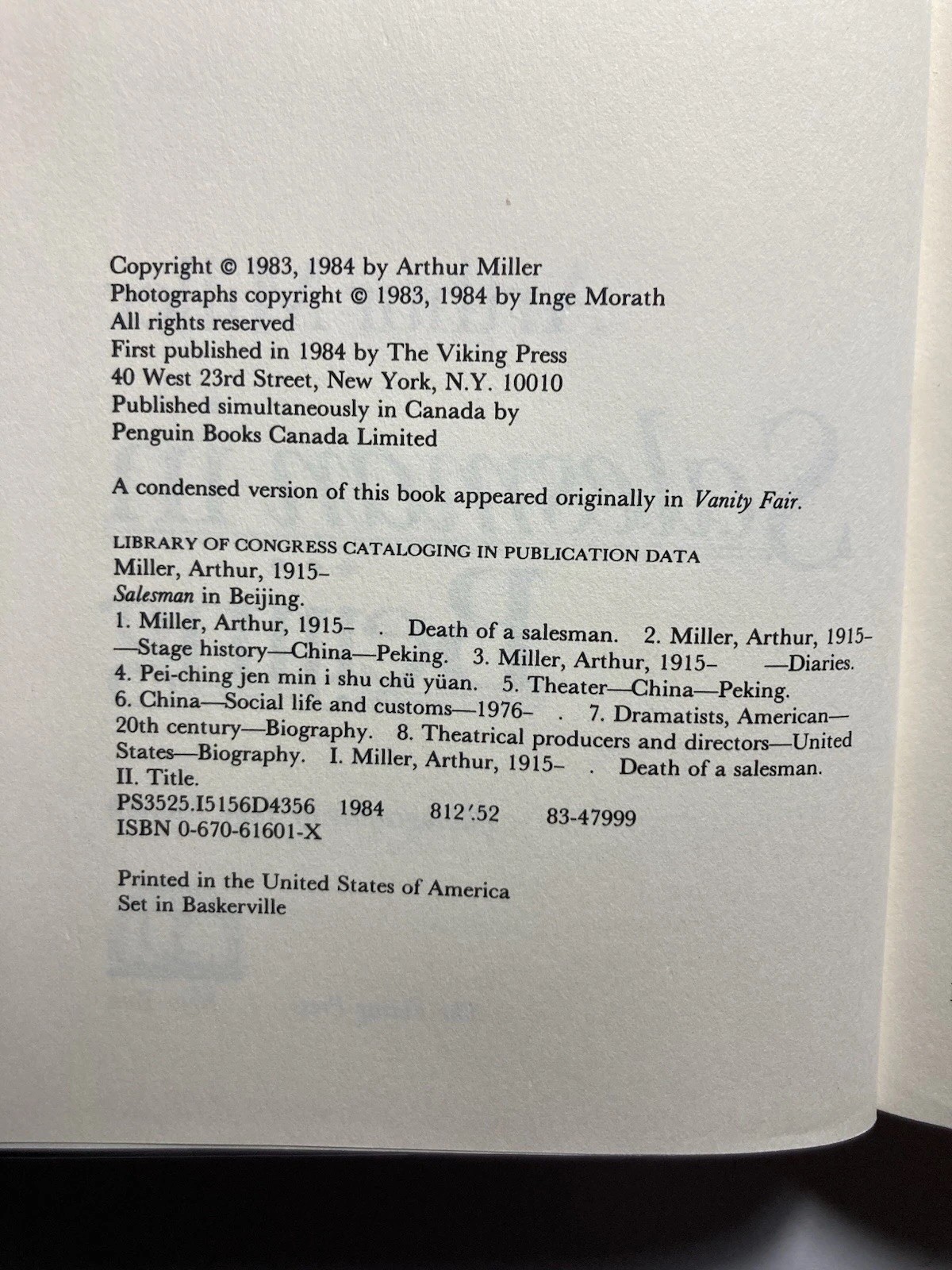 ARTHUR MILLER “Salesman in Beijing” Hardcover First Edition Viking 1984 w/Photo