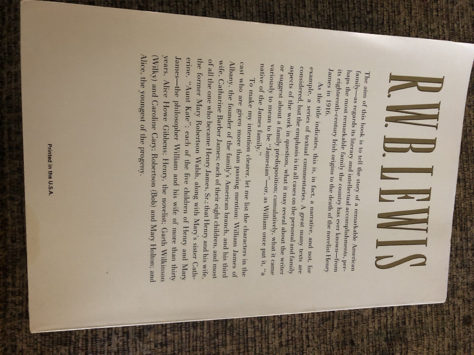 R. W. B. Lewis THE JAMESES A Family Narrative 1991 1st/1st PB Farrar Straus Giro