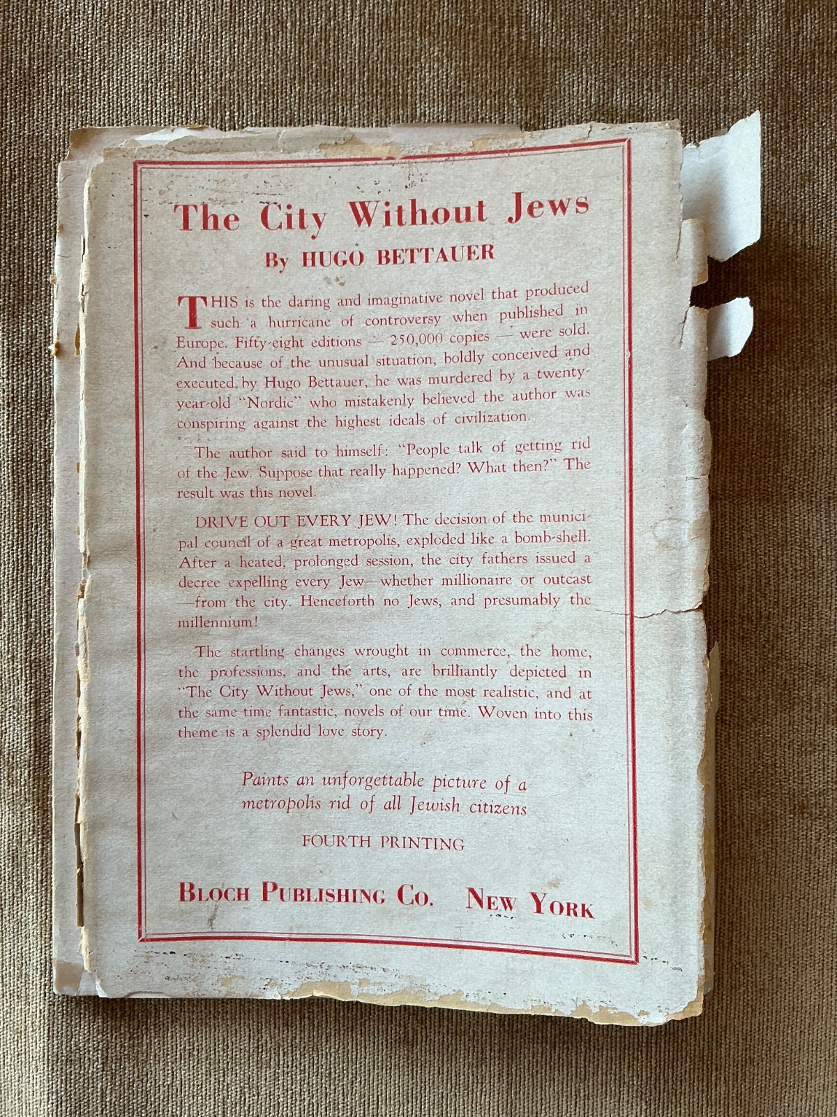 Hugo Bettauer THE CITY WITHOUT JEWS 1st/ 4th 1926 Bloch Publishing HARDCOVER