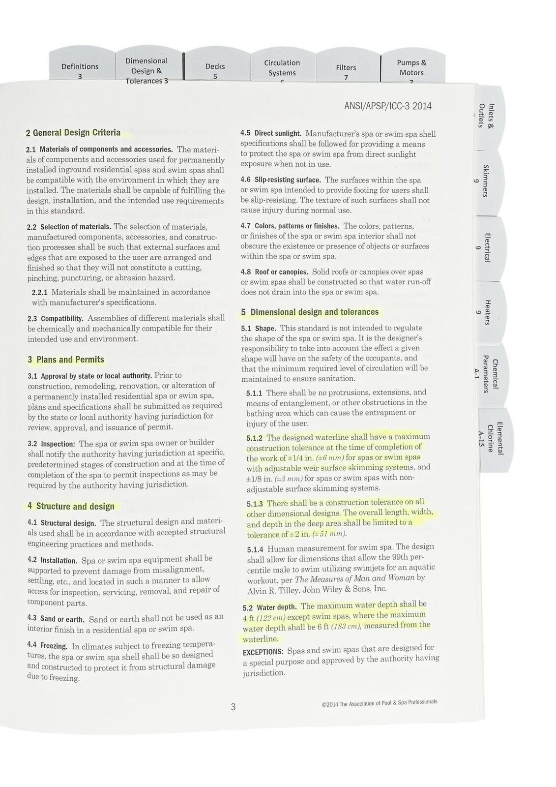 Highlighted and Tabbed – ANSI APSP ICC 3 2014 Residential Spas Standard