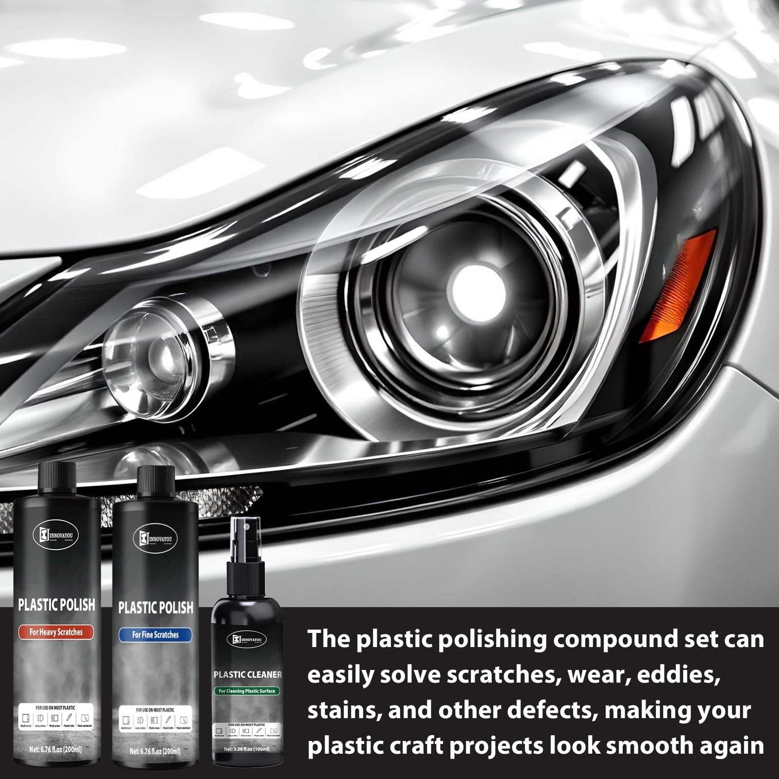 Plastic Polish Kit Scratch Remover Cleaner 14oz For Acrylic Headlights Scuffs