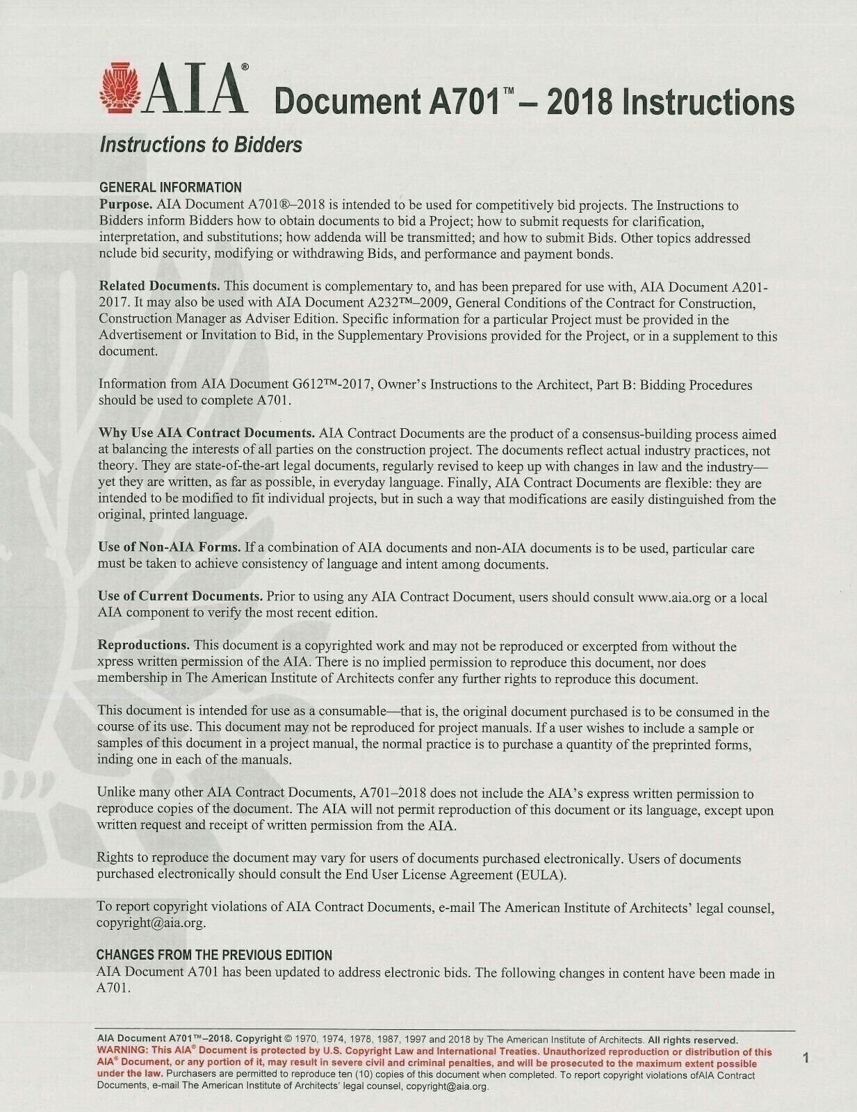 AIA Documents A201 A401 A701 – 2017/18 General Conditions