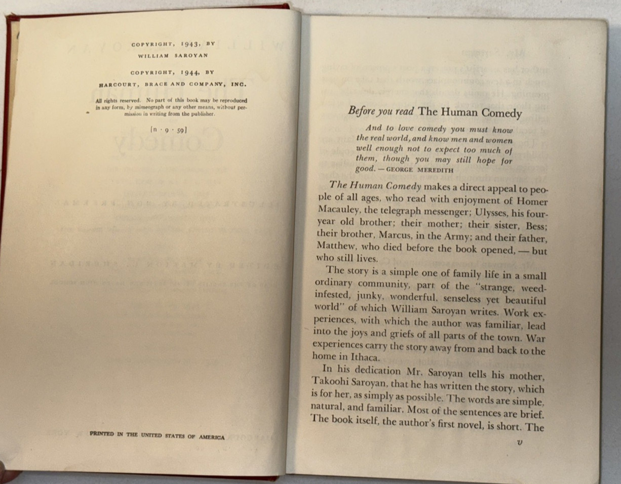 The Human Comedy by William Saroyan Book 1944 Illustrated 299 pages