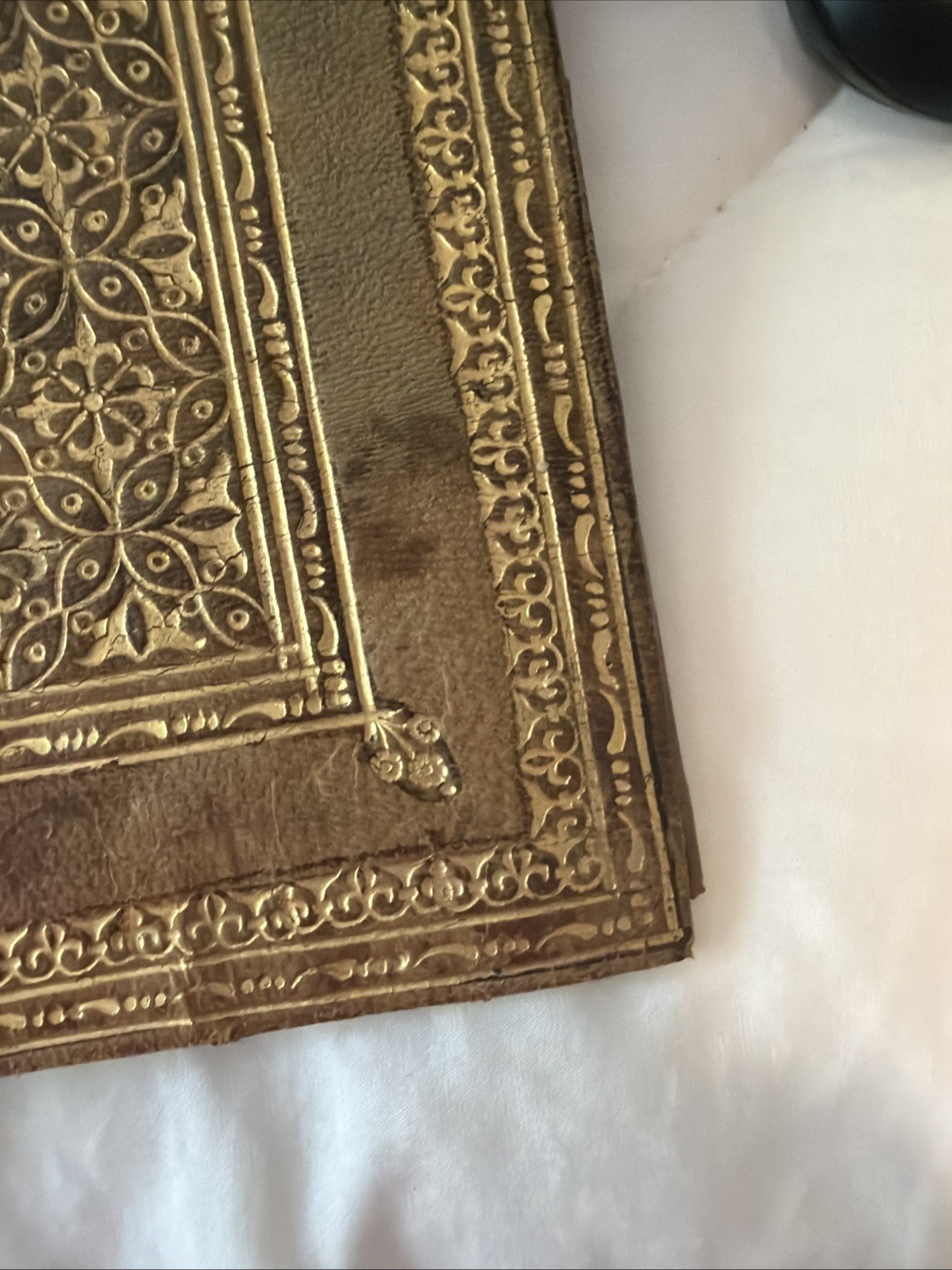 Antique Leather Book Cover with 22k Gold Inlay and Design Art
