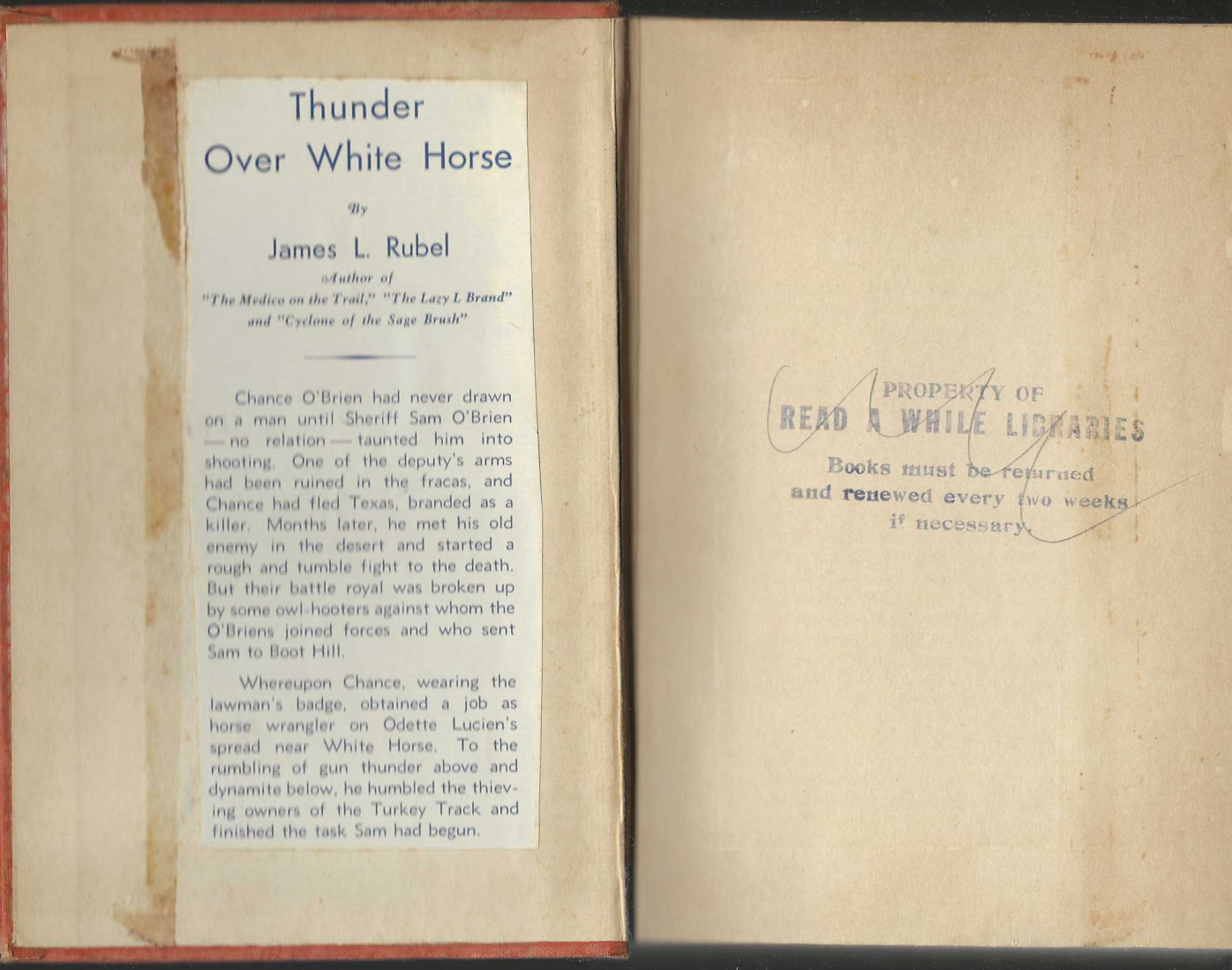 Thunder Over White Horse by James L Rubel 1939 vintage 1st Ed Hardcover Westerns