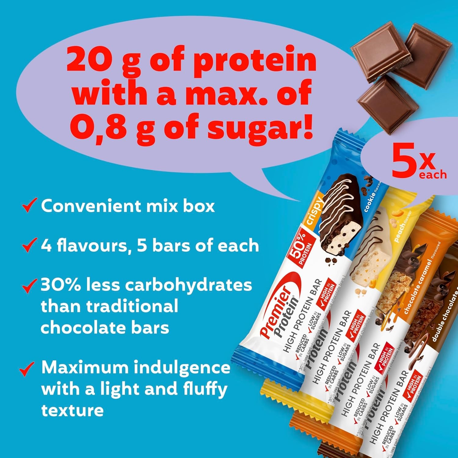 Premier Protein – High Protein Bar 50% – Multiflavourbox – 20x40g – Low Sugar