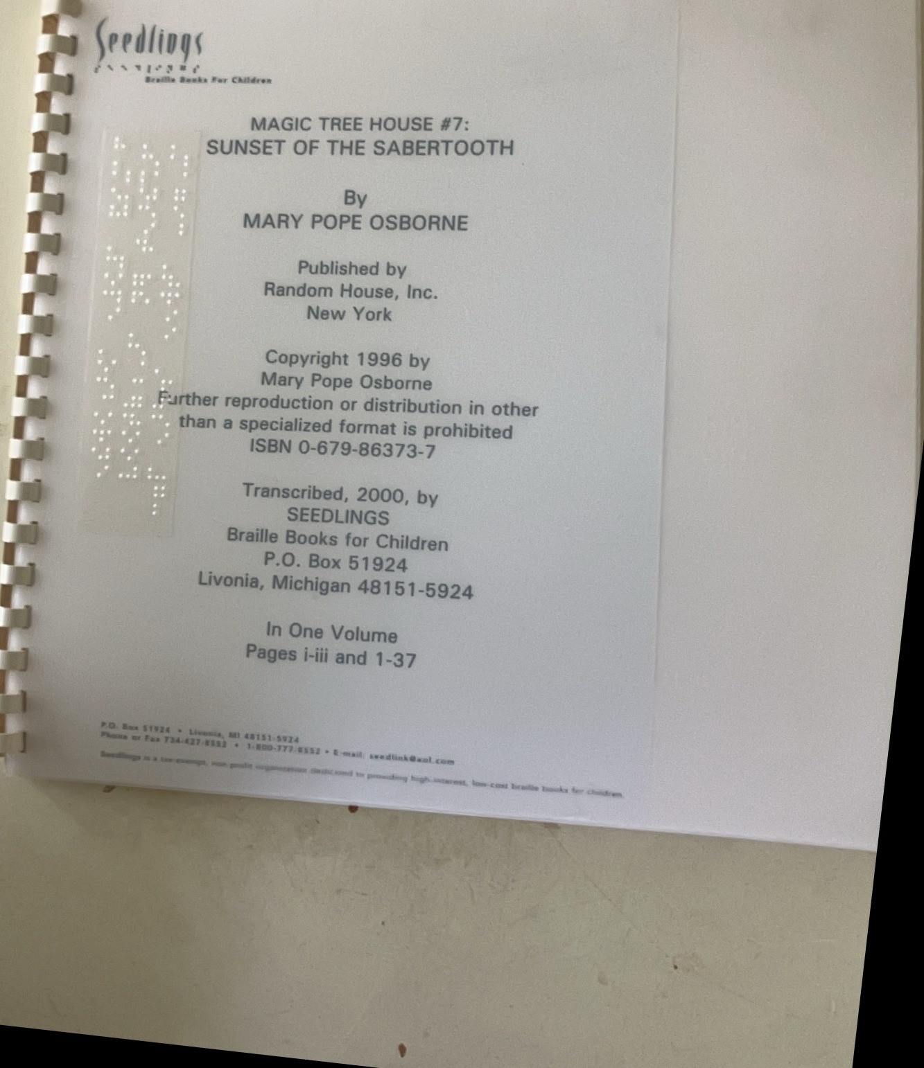 Braille Book: Magic Tree House “Sunset of the Sabertooth” Old braillef