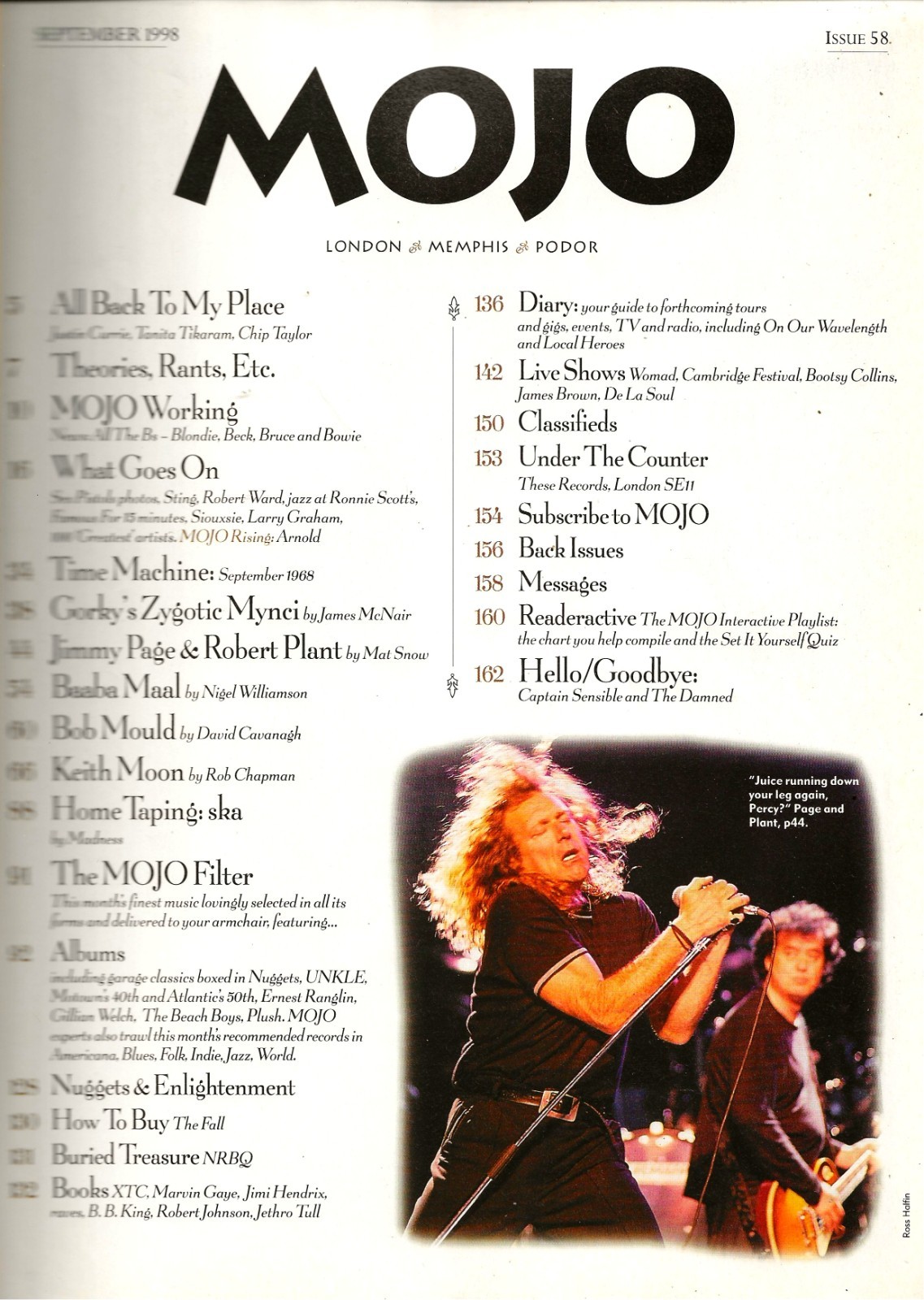 MOJO SEP 1998 ~KEITH MOON /BOB MOULD/GORKY’S ZYGOTIC MYNCI/PAGE & PLANT/ARCHIES