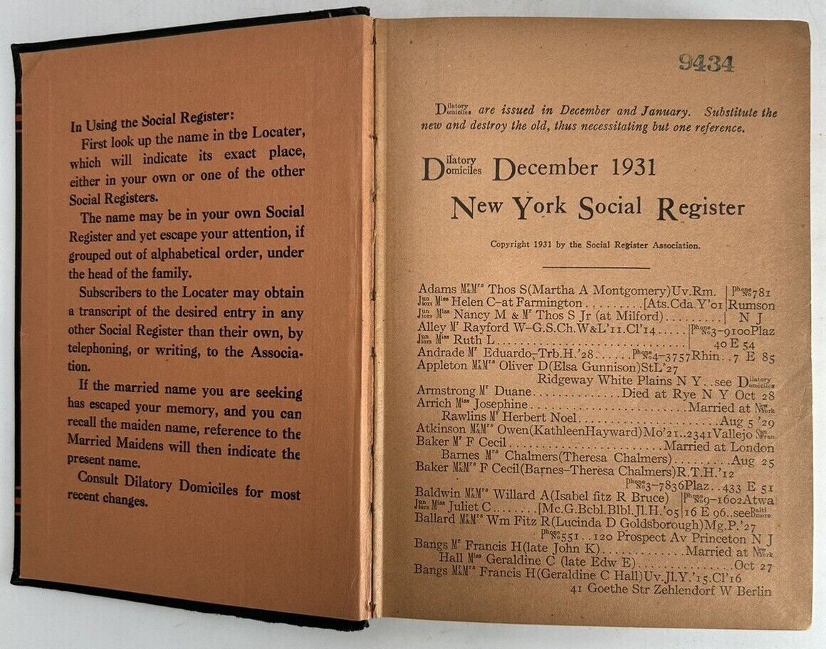Social Register New York 1932 Hardcover First Edition 1040 pages