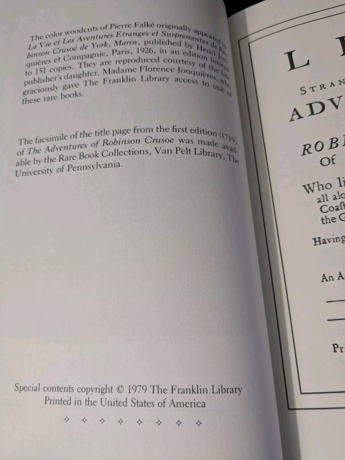 Vtg Daniel Defoe Robinson Crusoe Franklin Library 1979 Woodcuts By Pierre Falke
