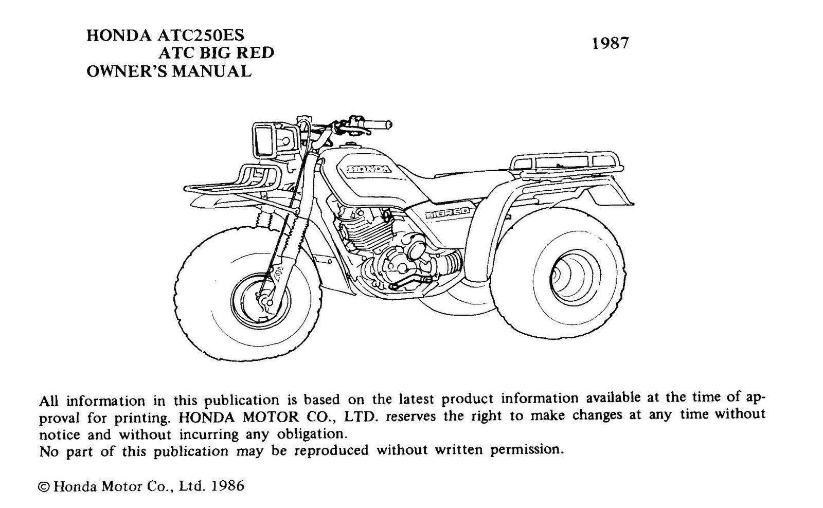 1987 Honda ATC Big Red 250ES Owner’s Manual 74 Pages