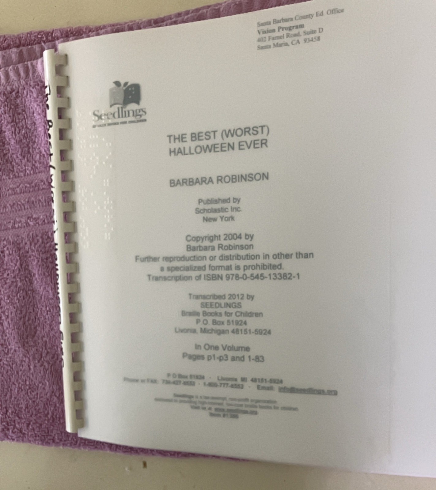 Braille Book: “The best (worst) Halloween Ever” old braill format Seedlings
