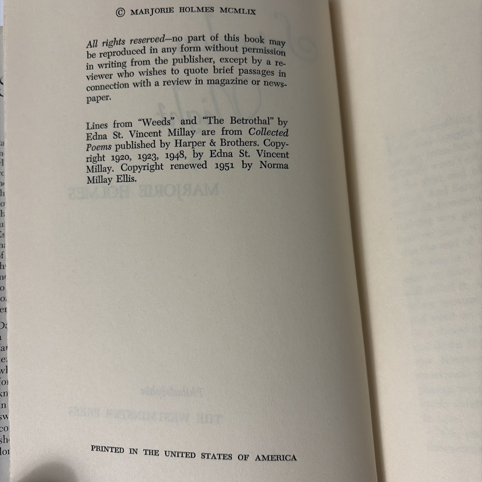Saturday Night By Marjorie Holmes (Hardcover Book Club Edition) 1951
