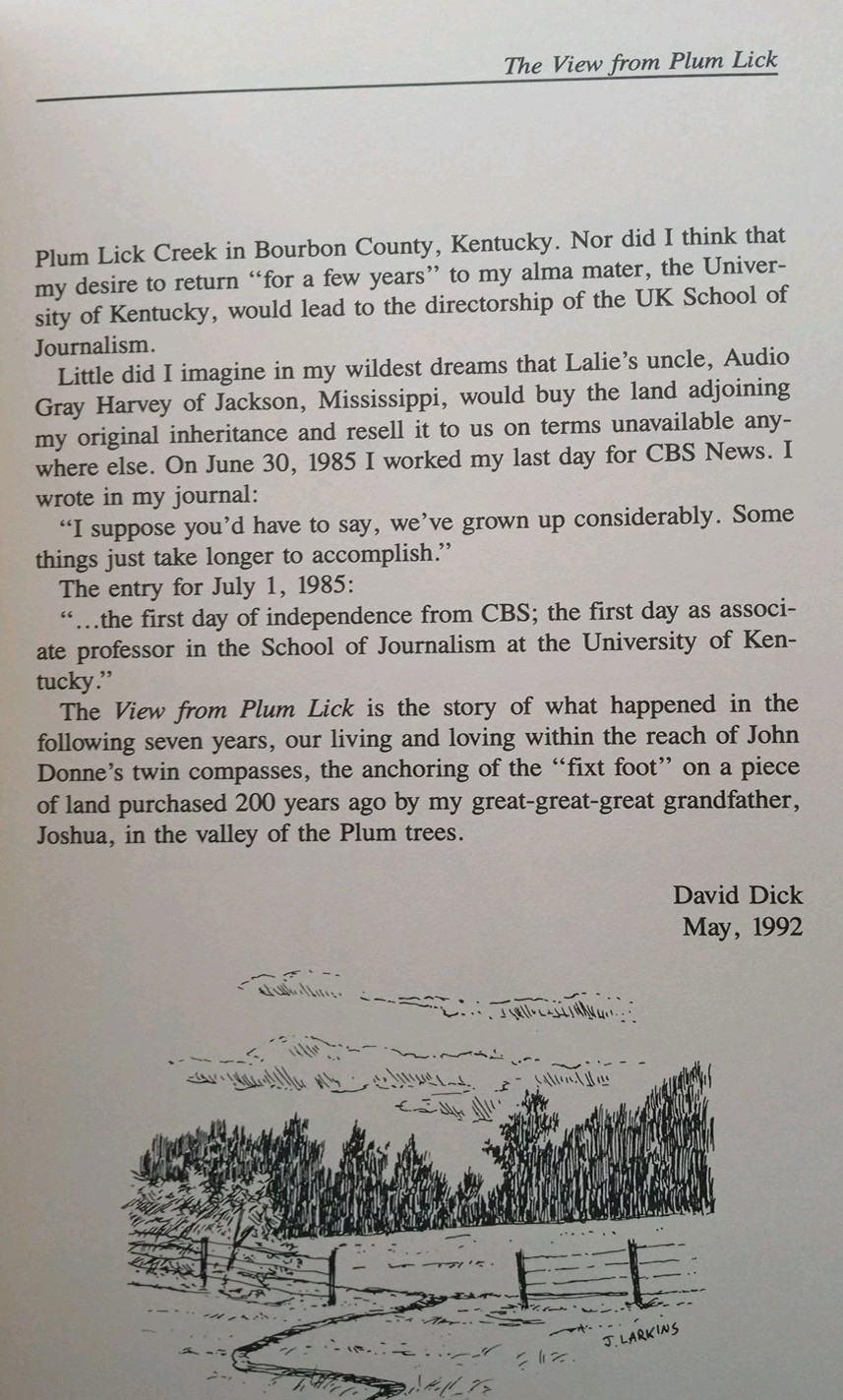 Signed The View From Plum Lick David Dick 1992 Kentucky Memoir CBS News Anchor