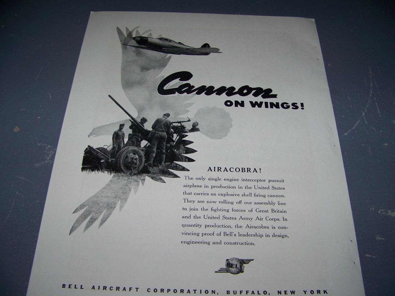 1941 BELL P-39 AIRACOBRA “CANNON ON WINGS”…1-PAGE SALES AD..(719X)