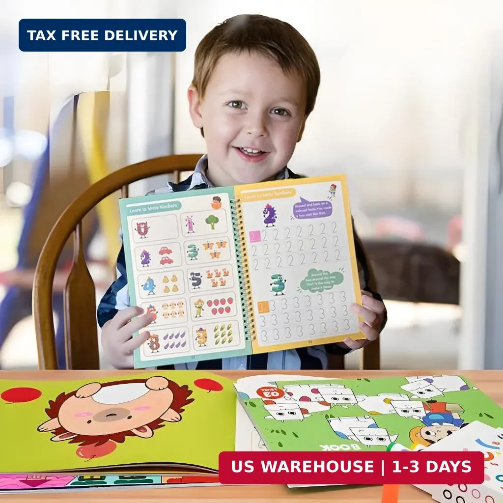 4 in 1 Reusable Grooved Writing Practice Books, Magic Ink Auto-Erase Handwriting