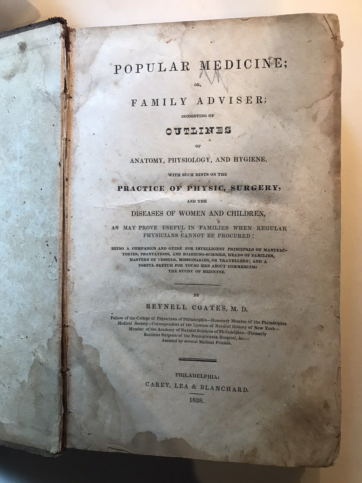 Popular Medicine Or Family Adviser, Reynell Coates, Leather, 1838, 1st Ed, RARE