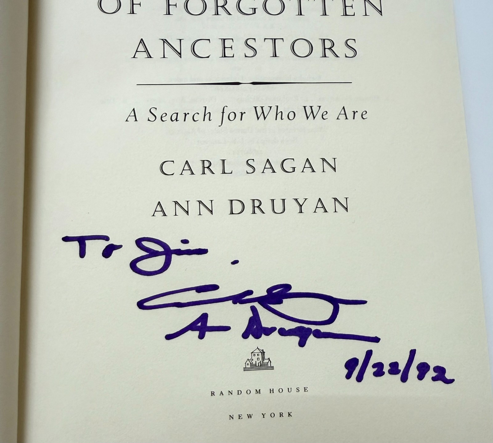 Carl Sagan Ann Druyan Signed Shadows of Forgotten Ancestors 1st Ed 1992 HC DJ
