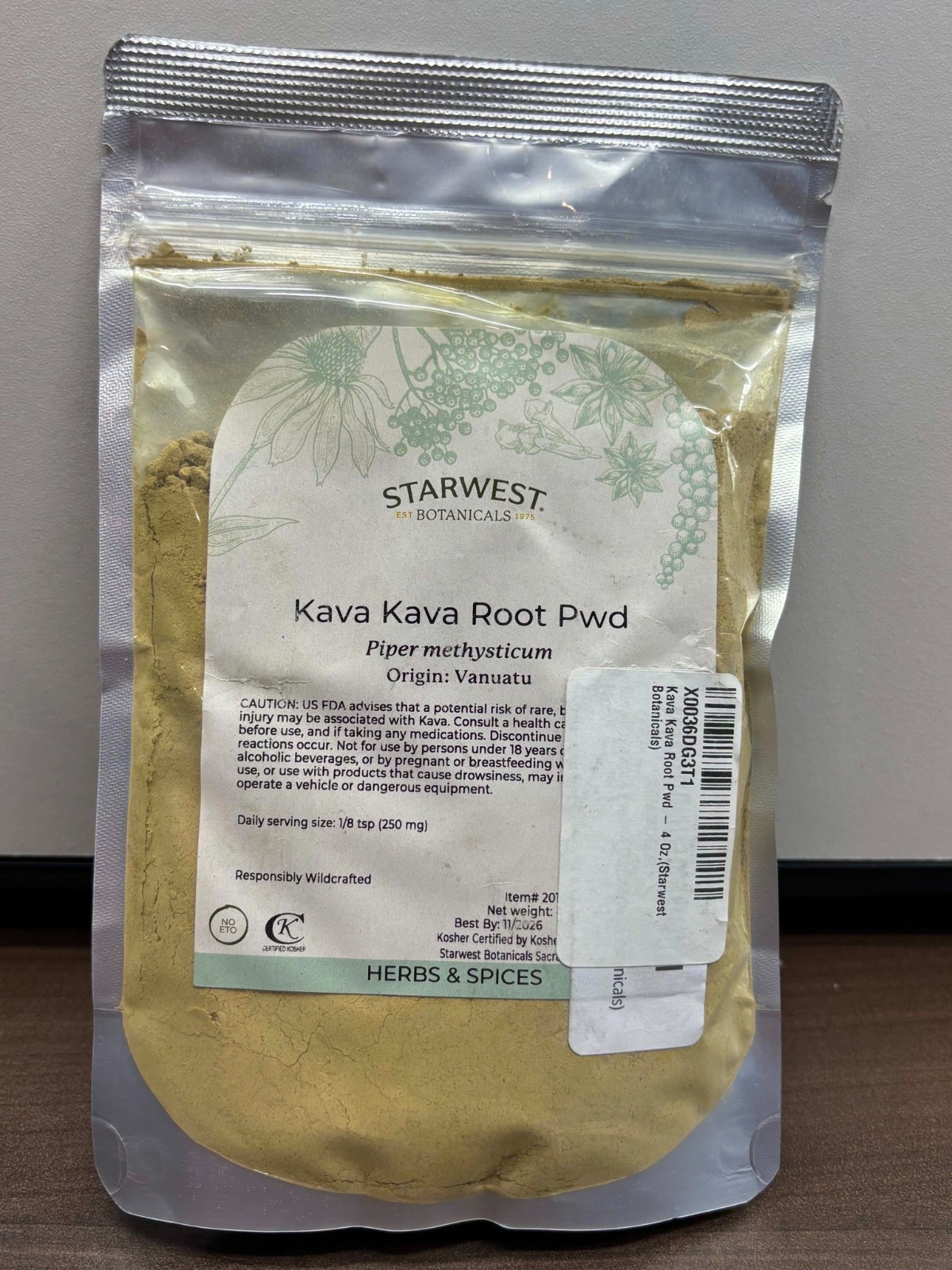 Starwest Botanicals Kava Kava Root Powder 4oz Wildcrafted Kosher Tea Herb