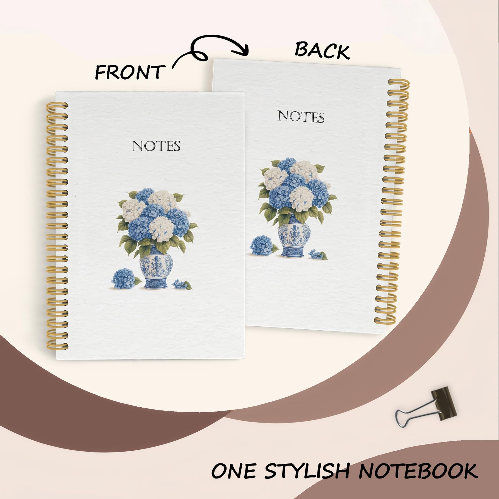 Spiral Notebook Journal Chinoiserie Hydrangea Floral Hardcover 5.5×8.3in