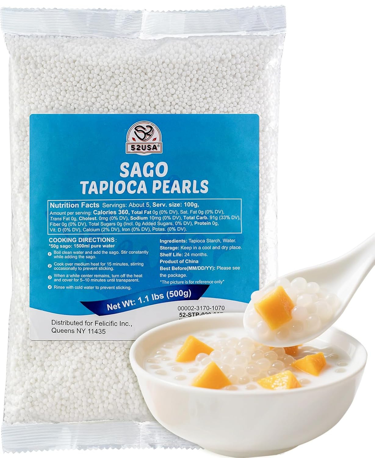 52USA Sago Pearls, Small Tapioca Pearls 1.1 lbs (500g), White Sago for Desserts
