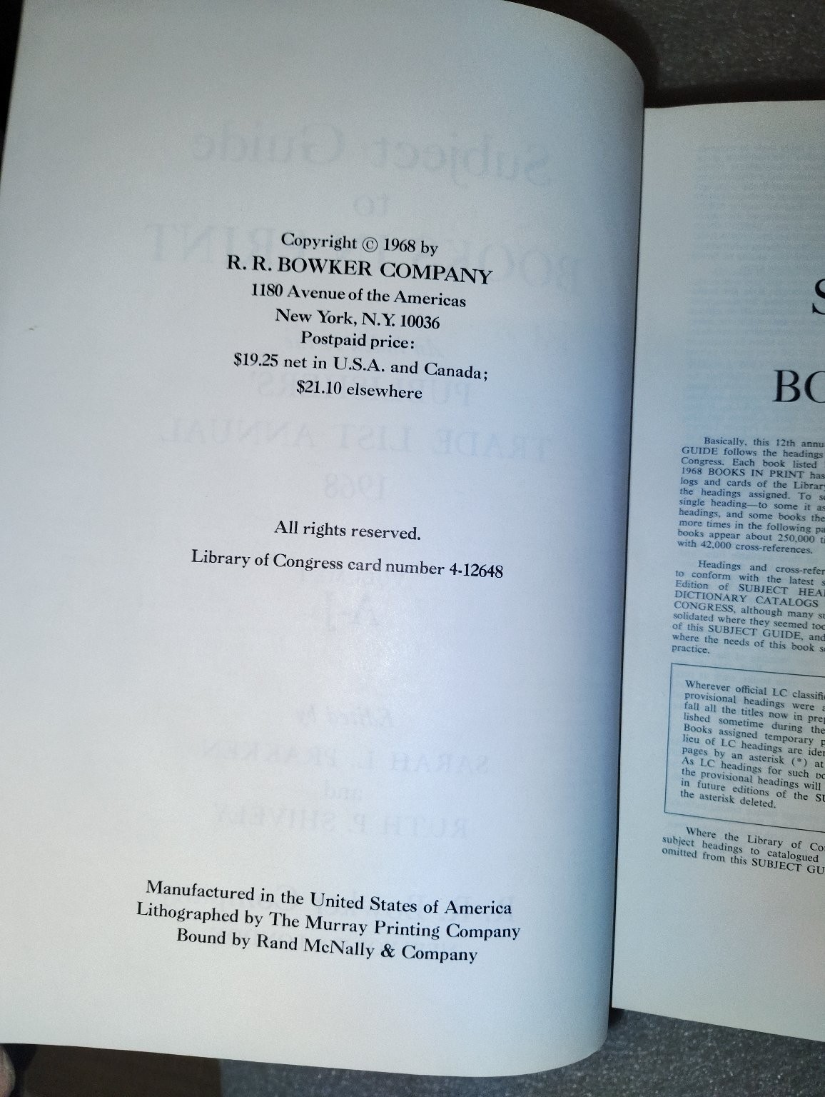 Subject Guide to Books in Print, U.S.A. 1968 12th Annual 2 Volume Set Reference