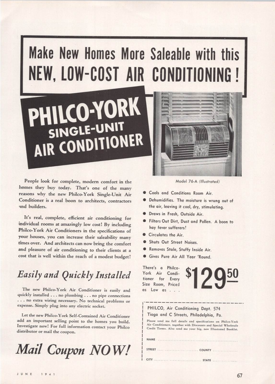 1941 Ad * Philco-York Single Unit Air Conditioner