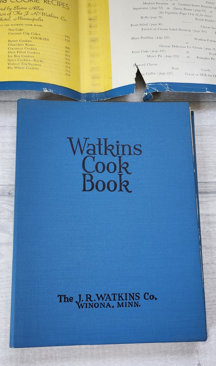 1938 Watkins Cook Book hardcover spiral-bound color advertisements 288 pages fun