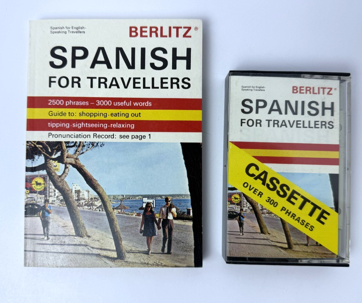 Vtg 1972 Berlitz Spanish for Travelers Phrase Book & Cassette Tape