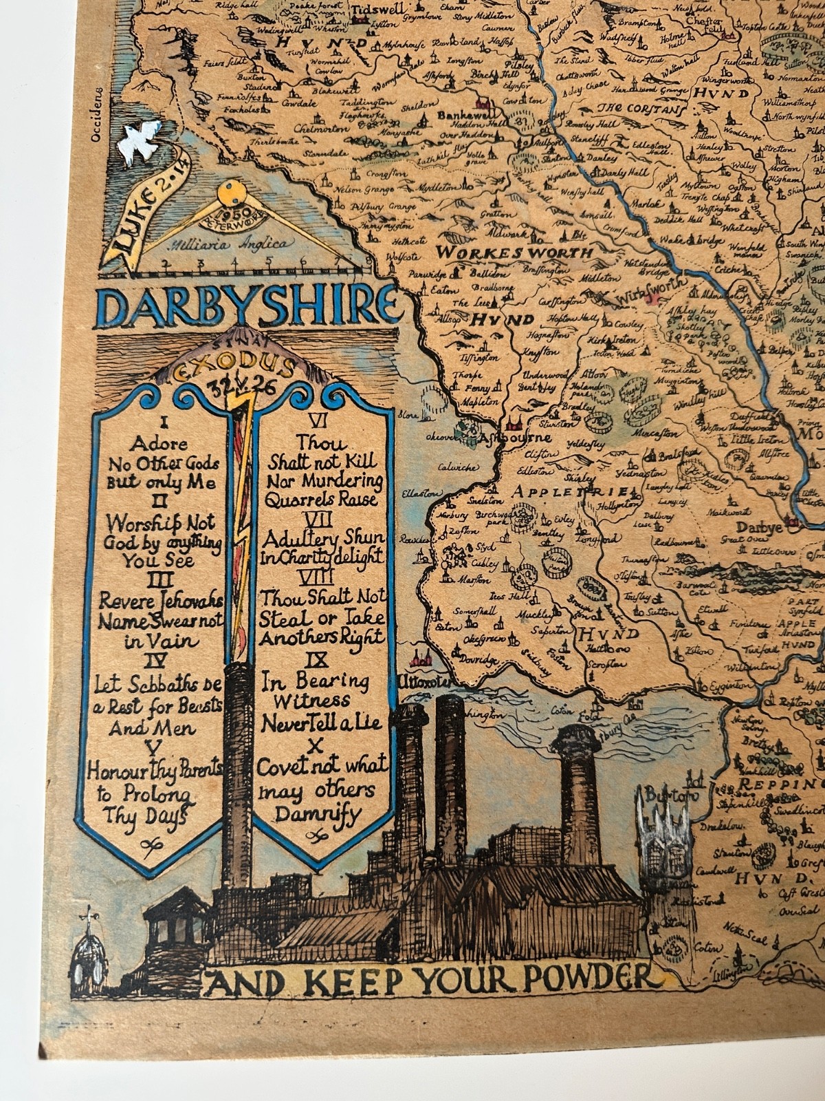 DERBYSHIRE Manuscript Map See VIDEO Presentation 38.5 × 28.5cm hand-painted 1950