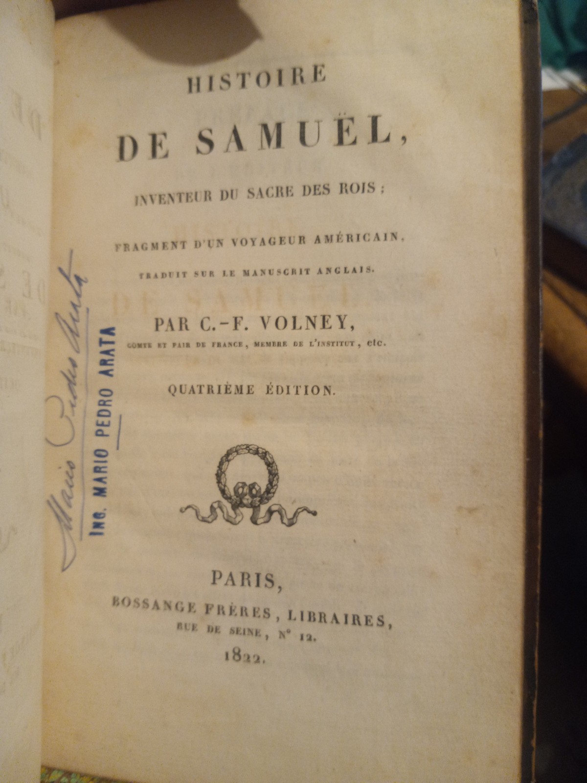 1822 HISTORY BOOK IN FRENCH SIGNED BY MARIO PEDRO ARATA! – HISTOIRE DE SAMUEL