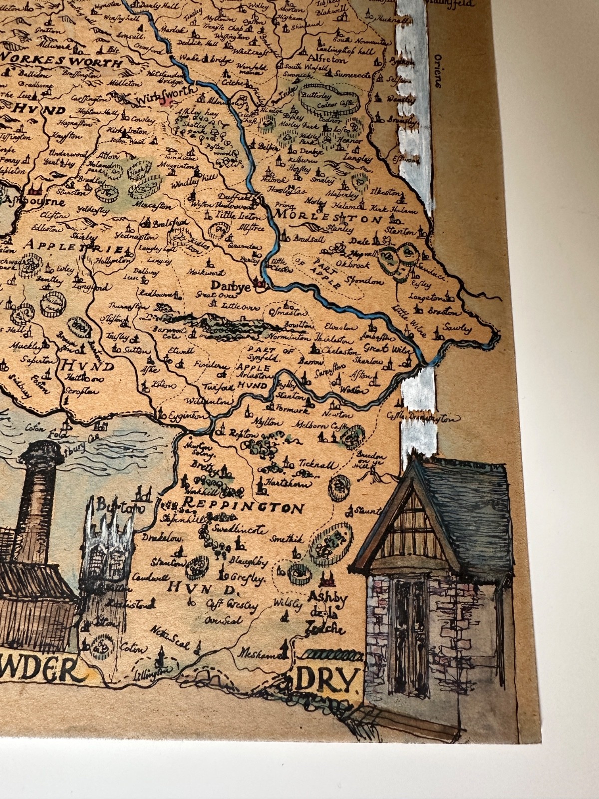 DERBYSHIRE Manuscript Map See VIDEO Presentation 38.5 × 28.5cm hand-painted 1950