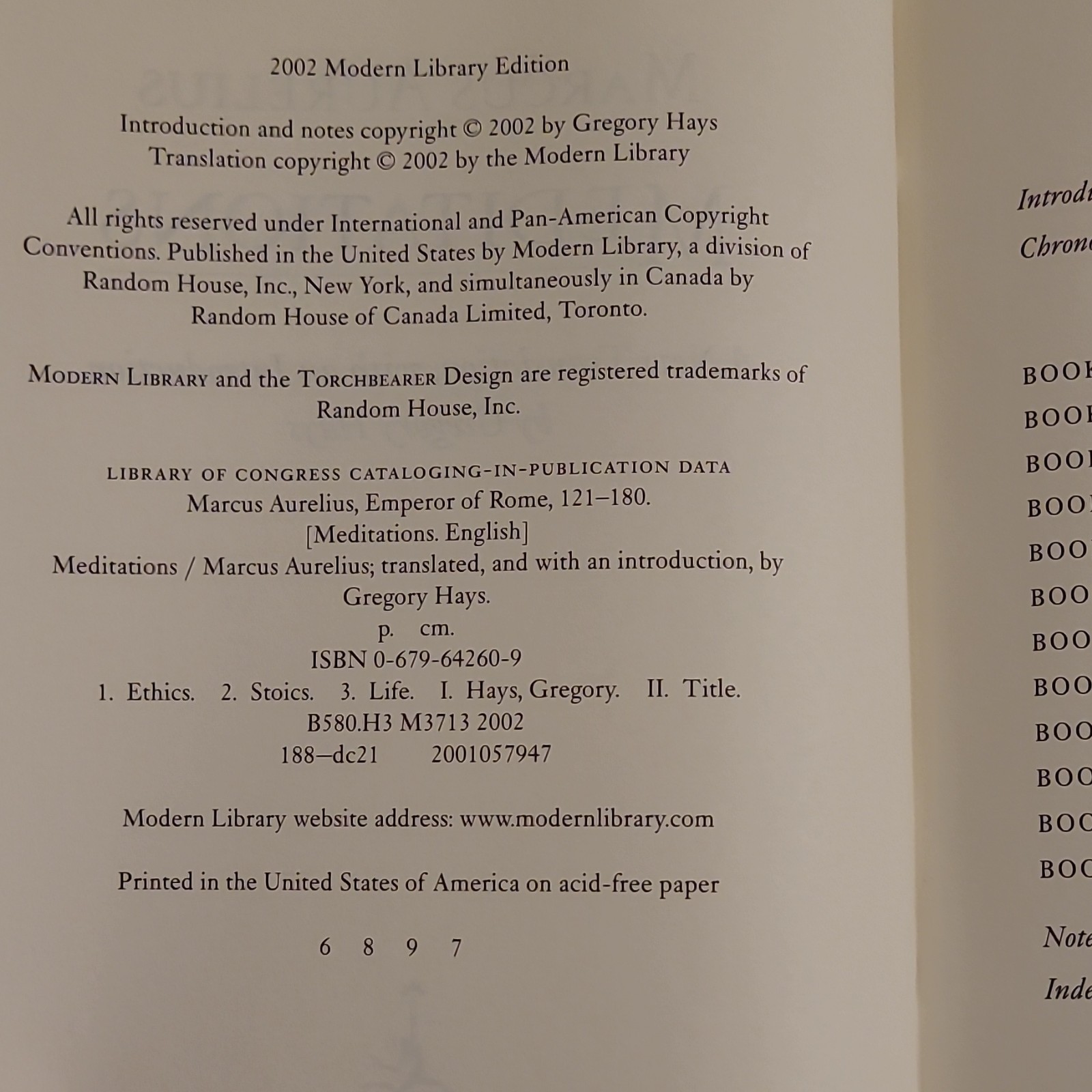 Marcus Aurelius Meditations Gregory Hays Trans 2002 Hardcover Modern Library
