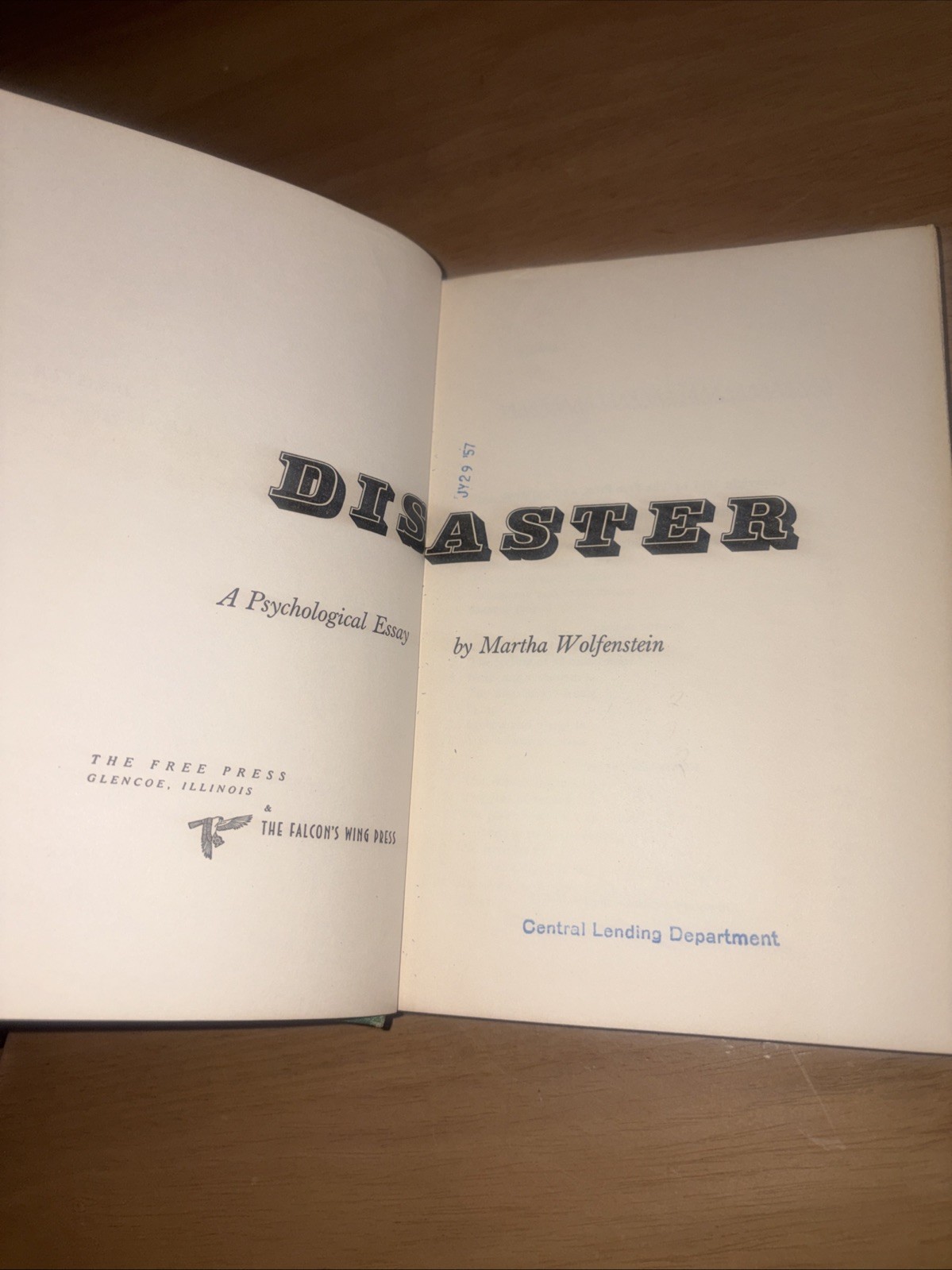 Disaster A Psychological Essay Martha Wolfenstein 1957 1st Edition Ex-lib VG