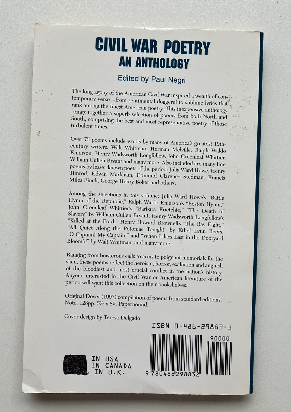 Civil War Poetry An Anthology Paul Negri Unabridged LN Dover 1977