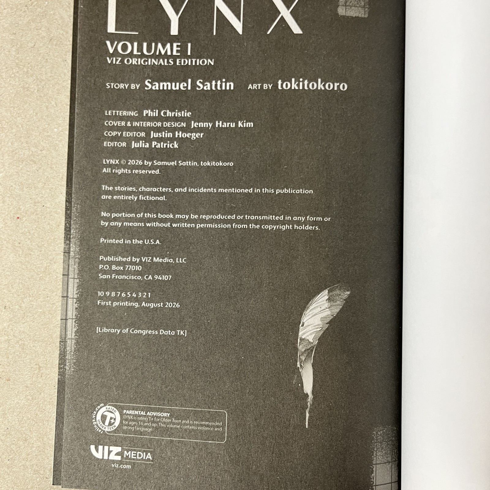 Lynx Vol #1 ARC Advanced Reader Copy Samuel Sattin Tokitokoro 2026 VIZ Manga PB