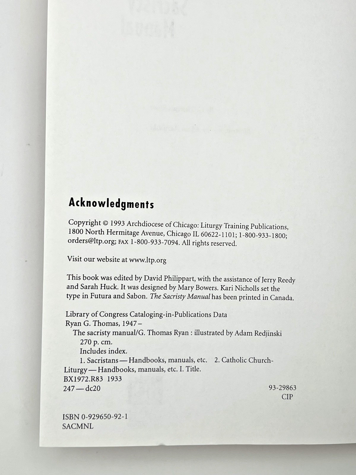 The Sacristy Manual By G.Thomas Ryan Liturgy Training Publication 1993 Chicago