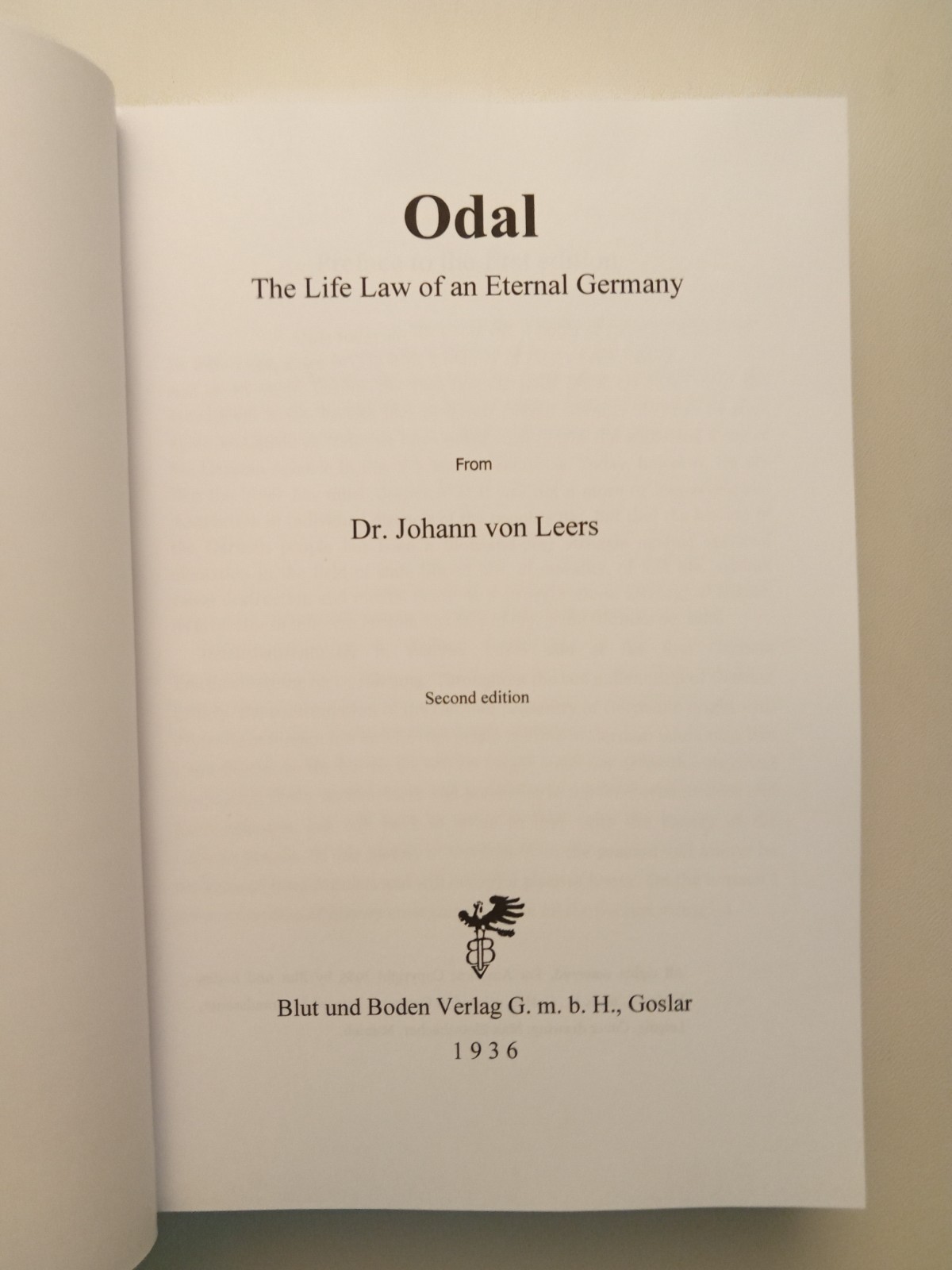 Odal: The Life-Law of an Eternal Germany by Johann von Leers PB