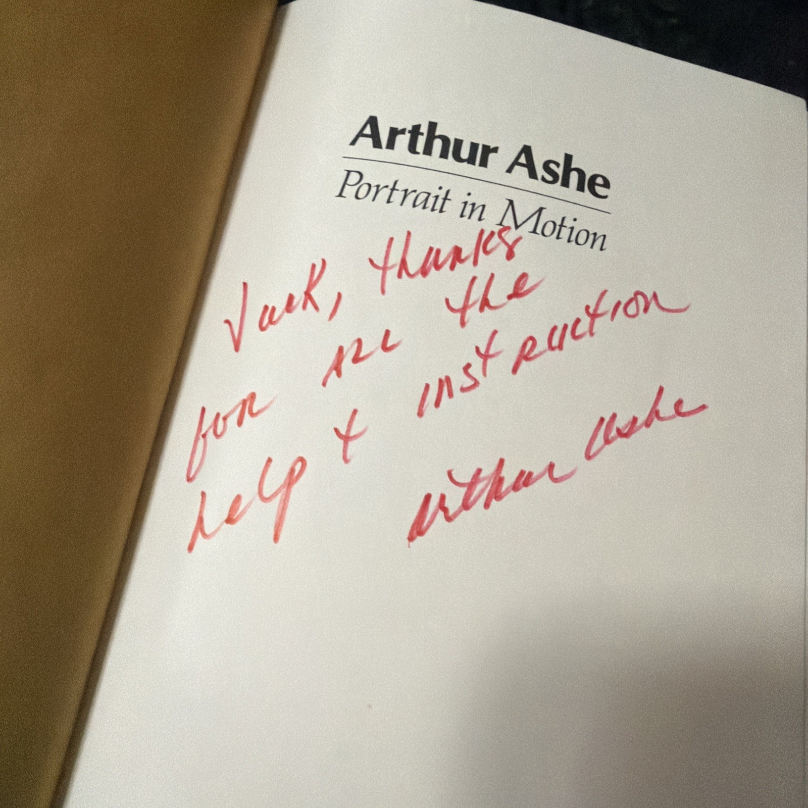 PORTRAIT IN MOTION Arthur Ashe Inscribed Signed 1st Edition 1975 Very Good/VG